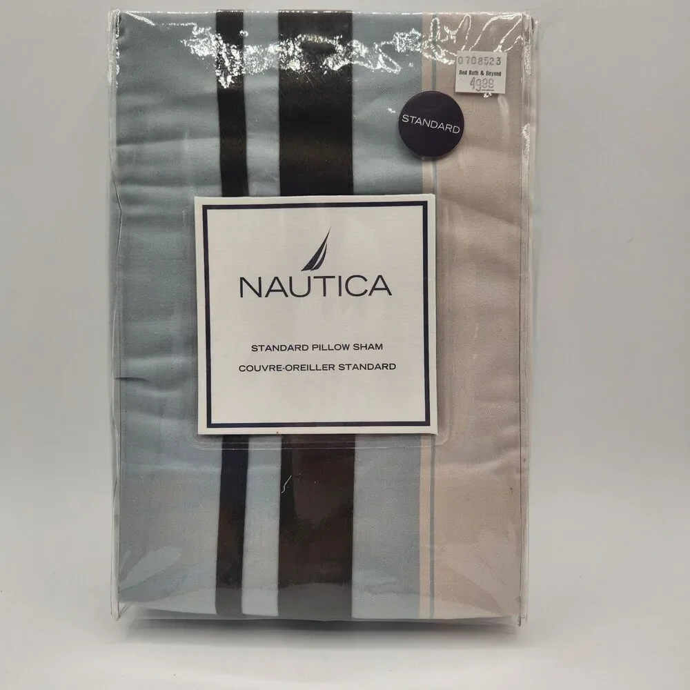 Nautica West End One Standard Pillow Sham 20 x 26 Cotton Teal Brown Tan Stripes